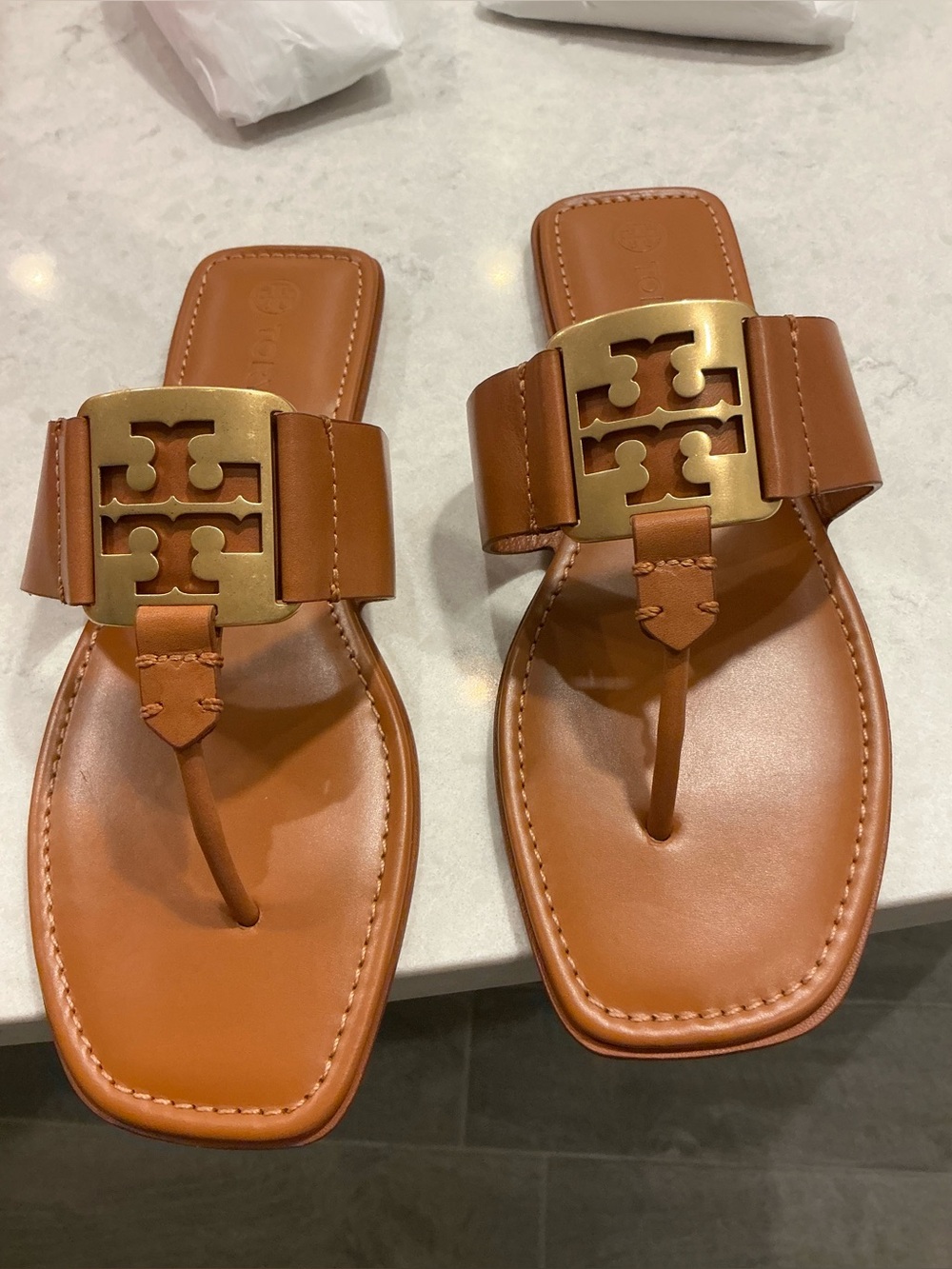 Tory Burch Tan Leather Logo Thong Sandals with Gold Hardware NO OFFERS